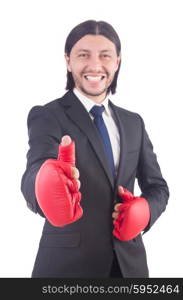 Businessman with boxing gloves on white