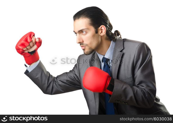 Businessman with boxing gloves on white