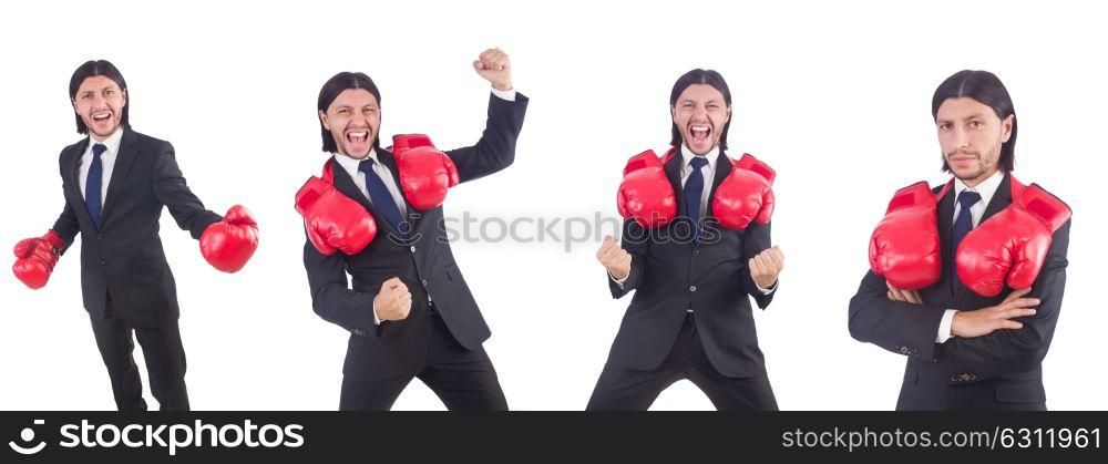 Businessman with boxing gloves on white. The businessman with boxing gloves on white
