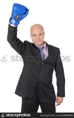Businessman with boxing gloves raised his hand. Isolated on white background