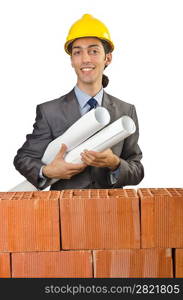 Businessman with bricks on white