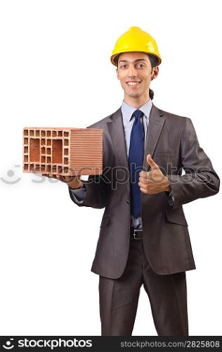 Businessman with bricks on white