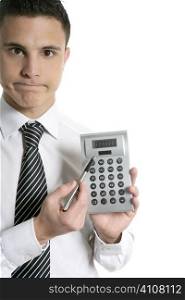 Businessman with calculator showing reports isolated on white