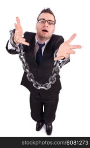 Businessman with chain isolated on the white