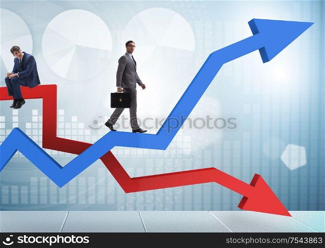 Businessman with charts of growth and decline. The businessman with charts of growth and decline