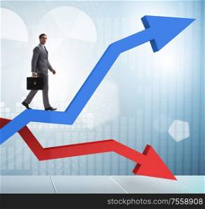 Businessman with charts of growth and decline. The businessman with charts of growth and decline