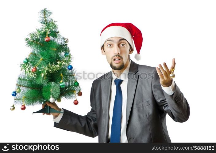 Businessman with christmas tree on white