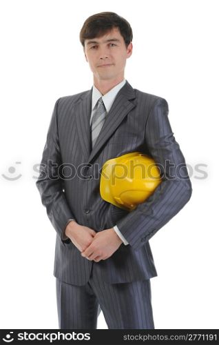 Businessman with construction helmet and clipboard . Isolated on white background