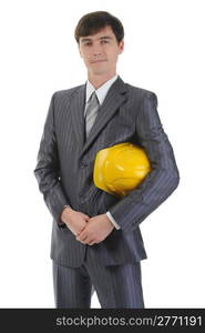 Businessman with construction helmet and clipboard . Isolated on white background