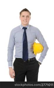 Businessman with construction yellow helmet. Isolated on white