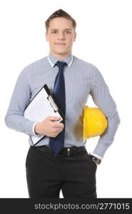 Businessman with construction yellow helmet. Isolated on white