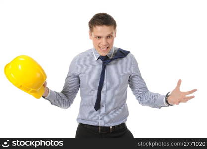 Businessman with construction yellow helmet. Isolated on white