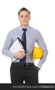 Businessman with construction yellow helmet. Isolated on white