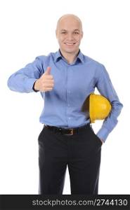 Businessman with construction yellow helmet. Isolated on white background