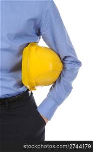 Businessman with construction yellow helmet. Isolated on white background