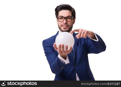 Businessman with crystall ball isolated on white background