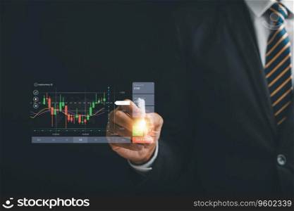 Businessman with digital pen focuses on candlestick chart, making strategic investment decisions in stock market. Dark background conveys sense of determination and success. Technical price graph
