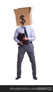 Businessman with dollar box on his head