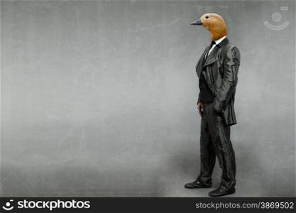 Businessman with duck head over grey background