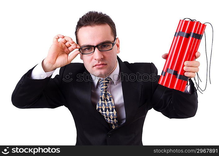 Businessman with dynamite isolated on white