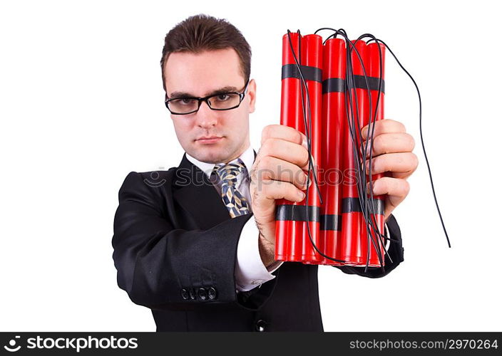 Businessman with dynamite isolated on white