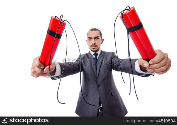 Businessman with dynamite isolated on white