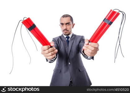 Businessman with dynamite isolated on white