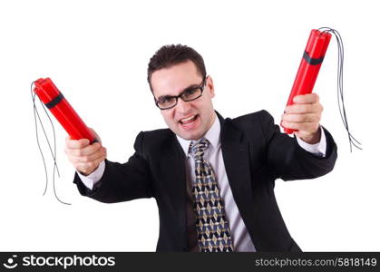 Businessman with dynamite isolated on white