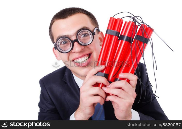 Businessman with dynamite isolated on white