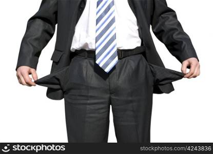 Businessman with empty pockets on white