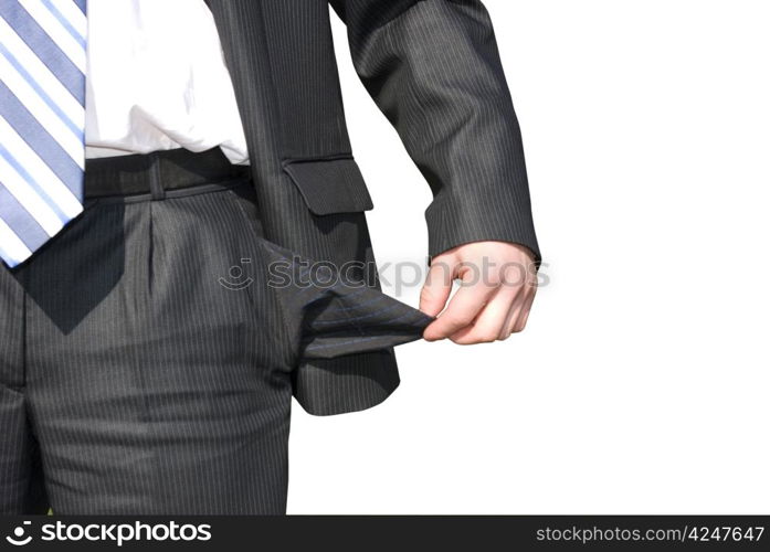 Businessman with empty pockets on white