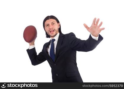 Businessman with football isolated on white