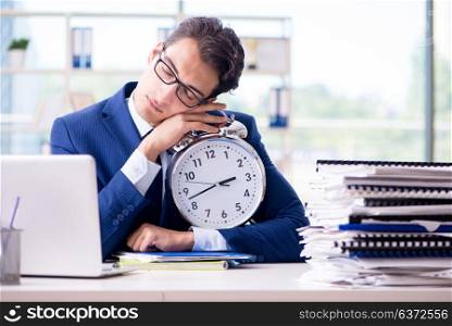 Businessman with giant clock failing to meet deadlines and missing them. Businessman with giant clock failing to meet deadlines and missi