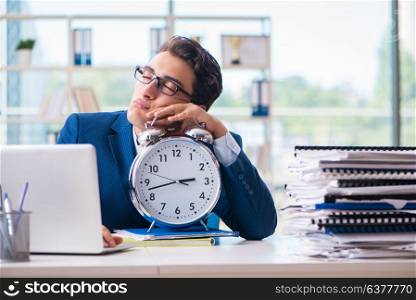 Businessman with giant clock failing to meet deadlines and missing them. Businessman with giant clock failing to meet deadlines and missi