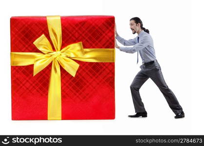 Businessman with gift boxes on white