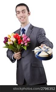 Businessman with giftbox and flowers