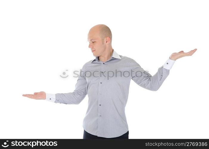 Businessman with hand outstretched. Isolated on white background