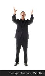 Businessman with hands up on white background