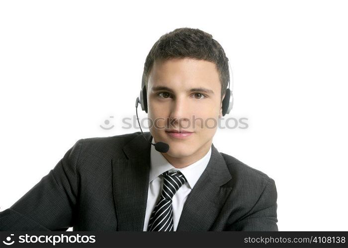 Businessman with headphones portrait on help center