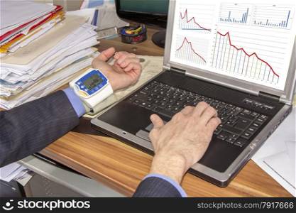 Businessman with high blood pressure due to stress caused by the decline in investment