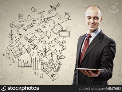 Businessman with ipad in hands. Image of businessman holding ipad. Collage drawings