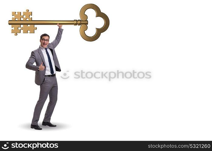 Businessman with key and jigsaw puzzle pieces