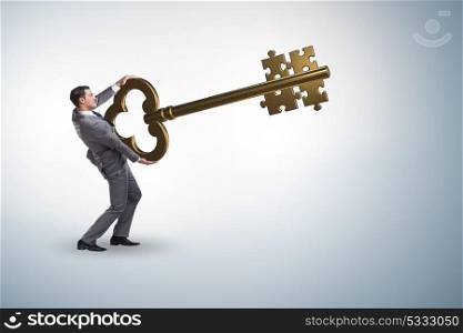Businessman with key and jigsaw puzzle pieces
