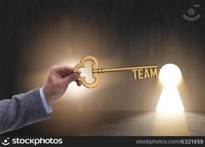Businessman with key in teamwork concept