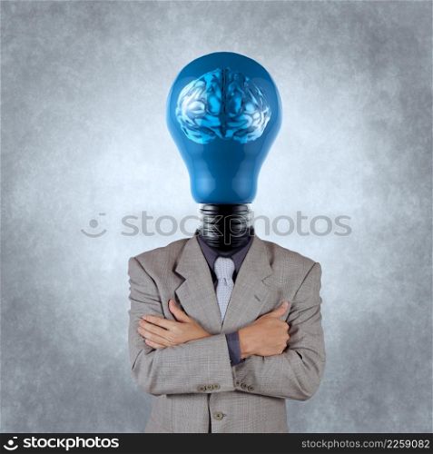 businessman with lamp-head 3d metal brain as concept