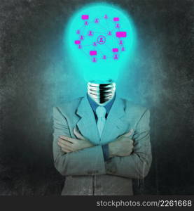 businessman with lamp-head as social network concept vintage style