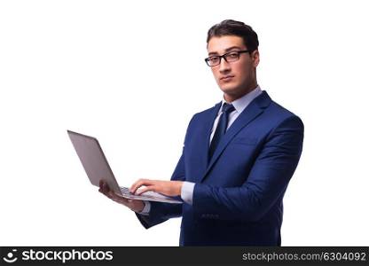 Businessman with laptop isolated on white