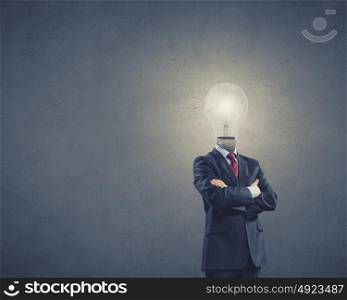 Businessman with light bulb instead of head. Great mentality