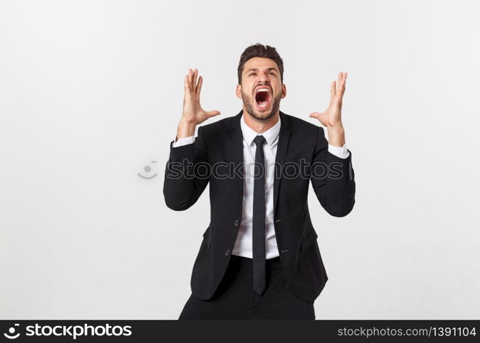 Businessman with long beard over isolated background shouting with mouth wide open.. Businessman with long beard over isolated background shouting with mouth wide open