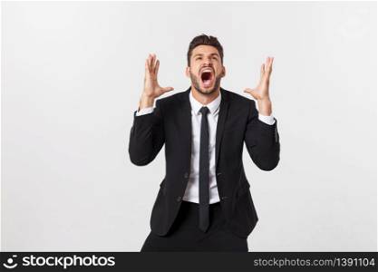 Businessman with long beard over isolated background shouting with mouth wide open.. Businessman with long beard over isolated background shouting with mouth wide open